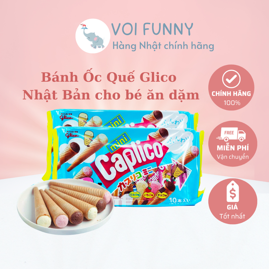 - Bánh ốc quế nhân kem Glico Caplico Nhật bản cho bé ăn dặm từ 1 tuổi bổ sung Canxi Magie