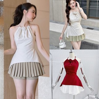 Đầm set áo dây yếm ngắn váy xanh mint pastel xếp ly chữ A xòe + Quần giả váy lưng cao ống rộng đi tiệc đi chơi noel dạo