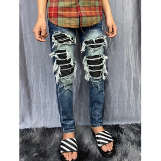 Quần jean nam cao cấp mẫu mới vá da xanh đậm 4 cúc thời trang phong cách vá da 48