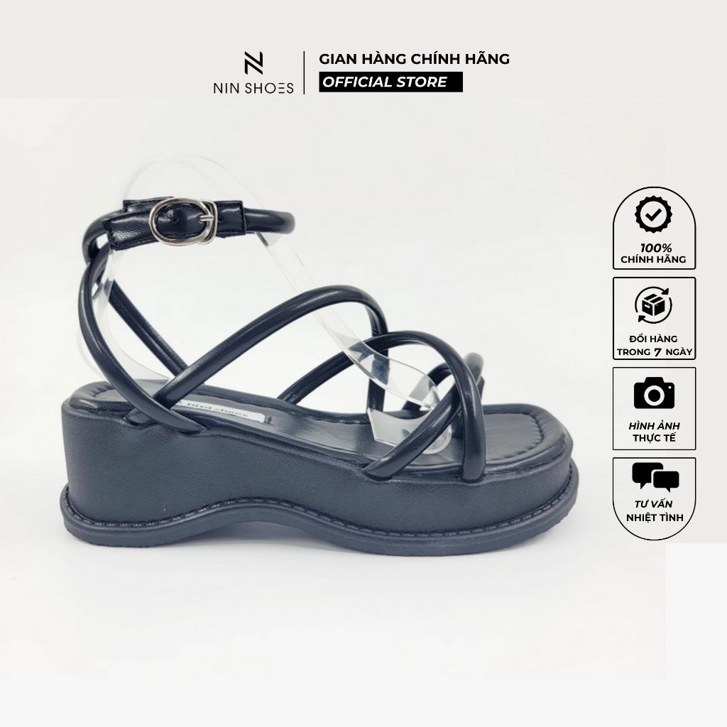 Dép nữ Nin shoes 4 phân đế bằng mũi vuông xở ngón quai chéo cài êm chân