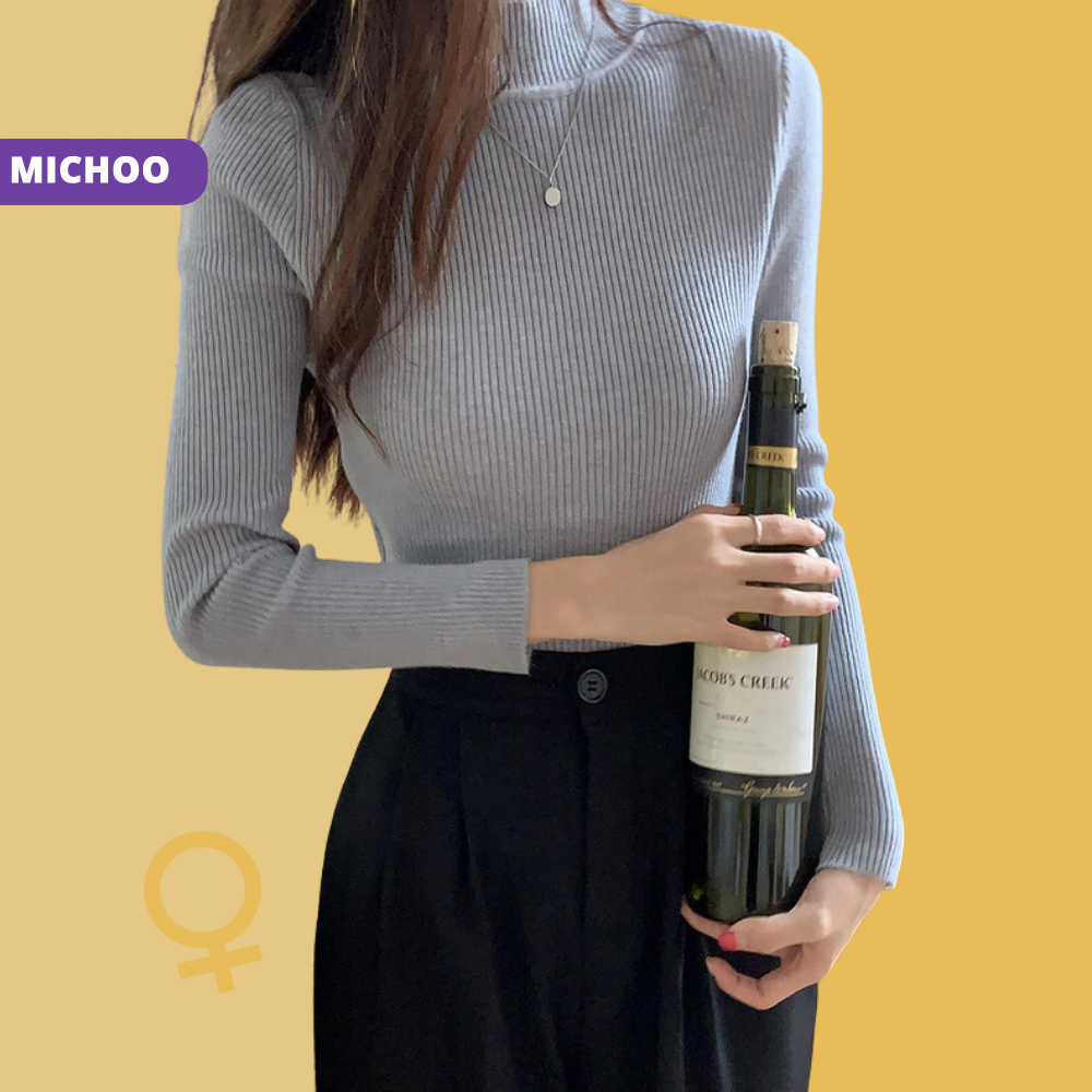 Áo Tăm Len Cổ Thấp 3cm MICHOO Form Ôm Co Dãn Nhiều Màu Trơn Trẻ Trung