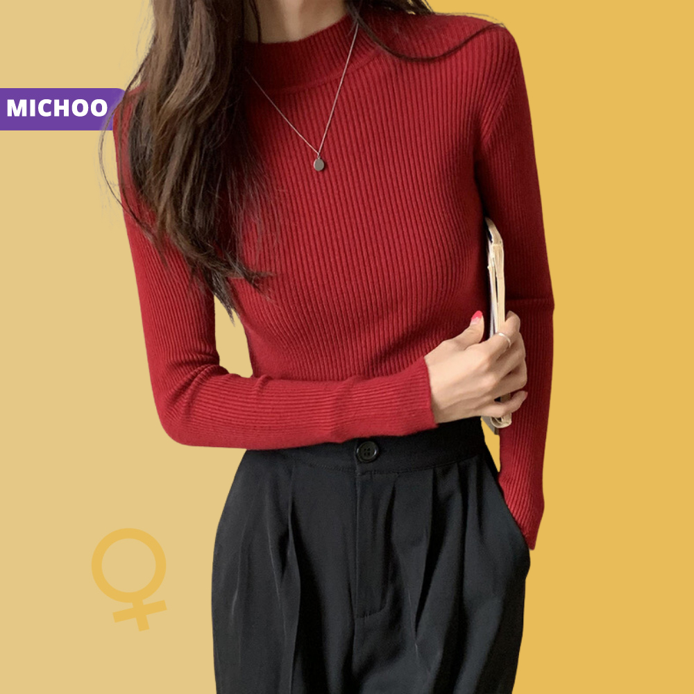 Áo Tăm Len Cổ Thấp 3cm MICHOO Form Ôm Co Dãn Nhiều Màu Trơn Trẻ Trung