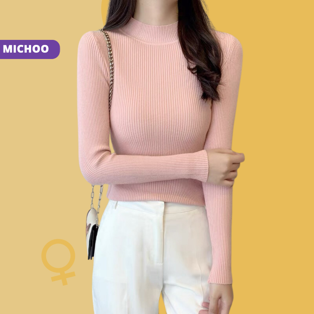 Áo Tăm Len Cổ Thấp 3cm MICHOO Form Ôm Co Dãn Nhiều Màu Trơn Trẻ Trung