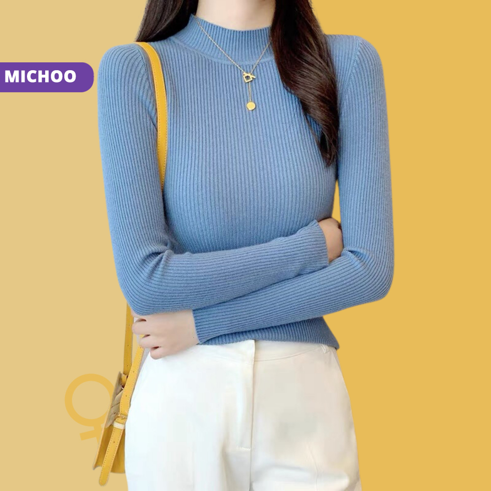 Áo Tăm Len Cổ Thấp 3cm MICHOO Form Ôm Co Dãn Nhiều Màu Trơn Trẻ Trung