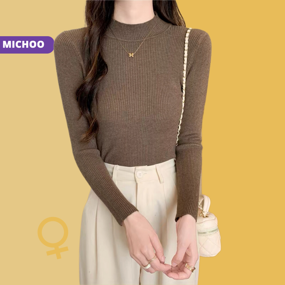 Áo Tăm Len Cổ Thấp 3cm MICHOO Form Ôm Co Dãn Nhiều Màu Trơn Trẻ Trung