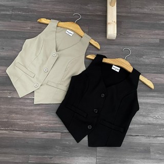 Áo gile nữ phối 2 nắp túi, áo vest cổ tim sát nách cá tính