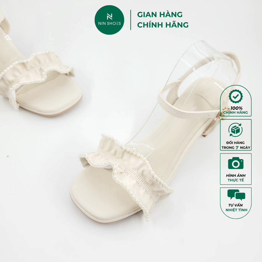 Dép nữ xinh Ninshoes Giày Sandal cao gót nữ 7p mũi vuông gót vuông quai nhúm đính ngọc khóa cài