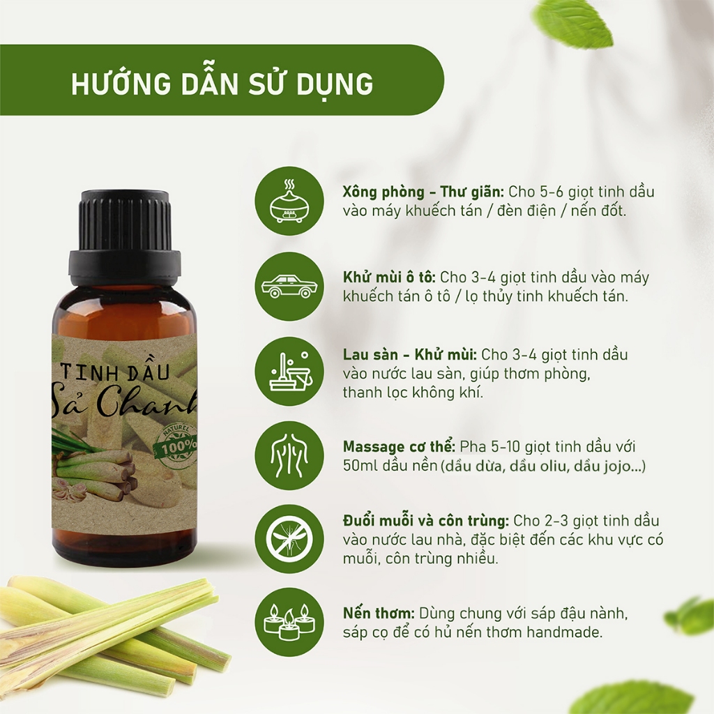 Tinh dầu sả chanh nguyên chất  giúp thơm phòng, thư giãn và đuổi muỗi 100ml - avaskincare
