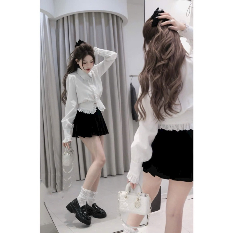 Set áo sơmi tiểu thư phối ren kèm chân váy xếp ly - Bộ 2 món áo sơmi kèm chân váy