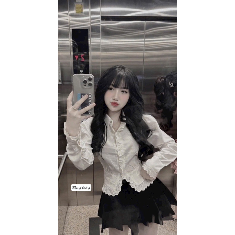 Set áo sơmi tiểu thư phối ren kèm chân váy xếp ly - Bộ 2 món áo sơmi kèm chân váy