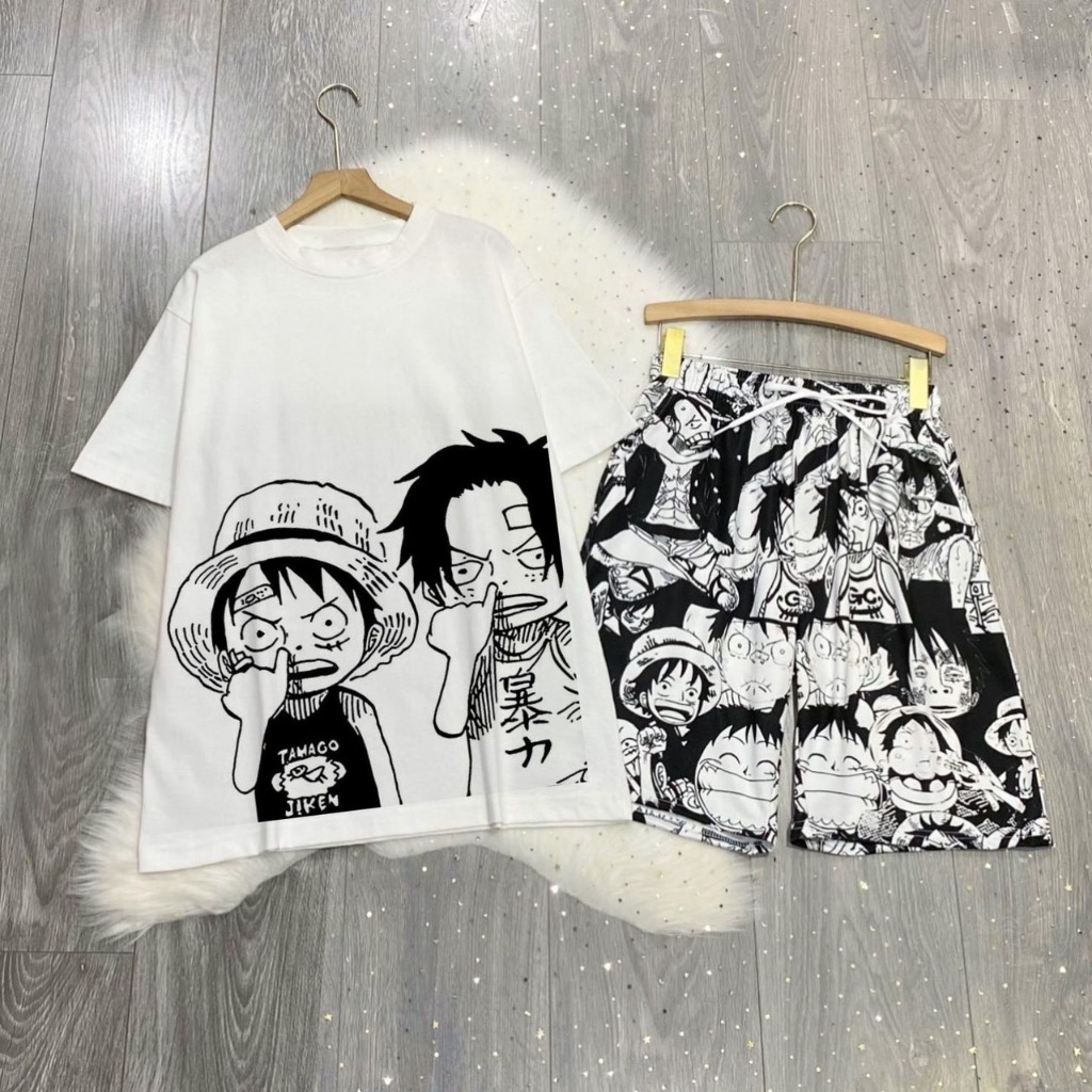 Set Bộ Hoạt Hình One Piece Áo Thun Monkey D. Luffy Zoro Chopper Tay Lỡ Phối Quần Cartoon Đùi Dáng Rộng Unisex O2 - MM