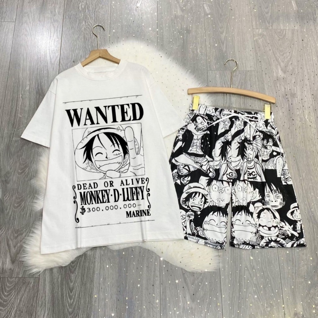 Set Bộ Hoạt Hình One Piece Áo Thun Monkey D. Luffy Zoro Chopper Tay Lỡ Phối Quần Cartoon Đùi Dáng Rộng Unisex O2 - MM
