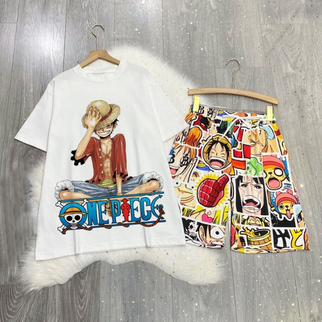 Set Bộ Hoạt Hình One Piece Áo Thun Monkey D. Luffy Zoro Chopper Tay Lỡ Phối Quần Cartoon Đùi Dáng Rộng Unisex O2 - MM