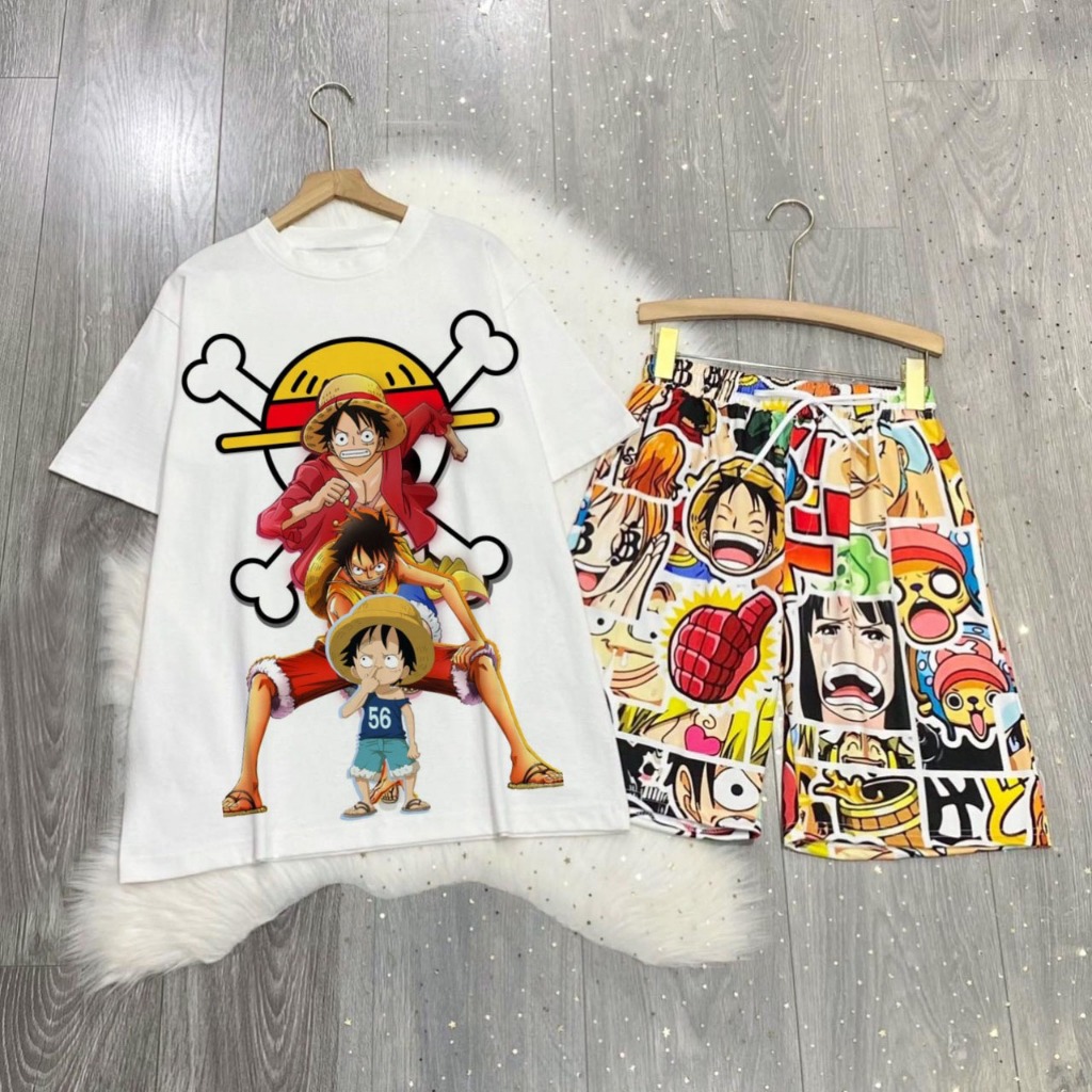 Set Bộ Hoạt Hình One Piece Áo Thun Monkey D. Luffy Zoro Chopper Tay Lỡ Phối Quần Cartoon Đùi Dáng Rộng Unisex O2 - MM