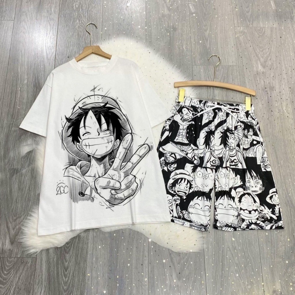 Set Bộ Hoạt Hình One Piece Áo Thun Monkey D. Luffy Zoro Chopper Tay Lỡ Phối Quần Cartoon Đùi Dáng Rộng Unisex O2 - MM