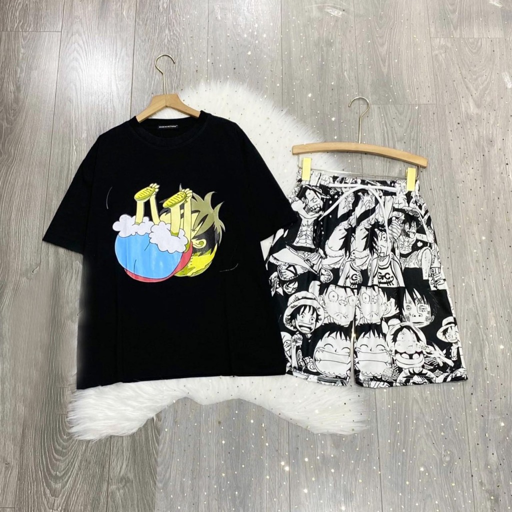Set Bộ Hoạt Hình One Piece Áo Thun Monkey D. Luffy Zoro Chopper Tay Lỡ Phối Quần Cartoon Đùi Dáng Rộng Unisex O2 - MM