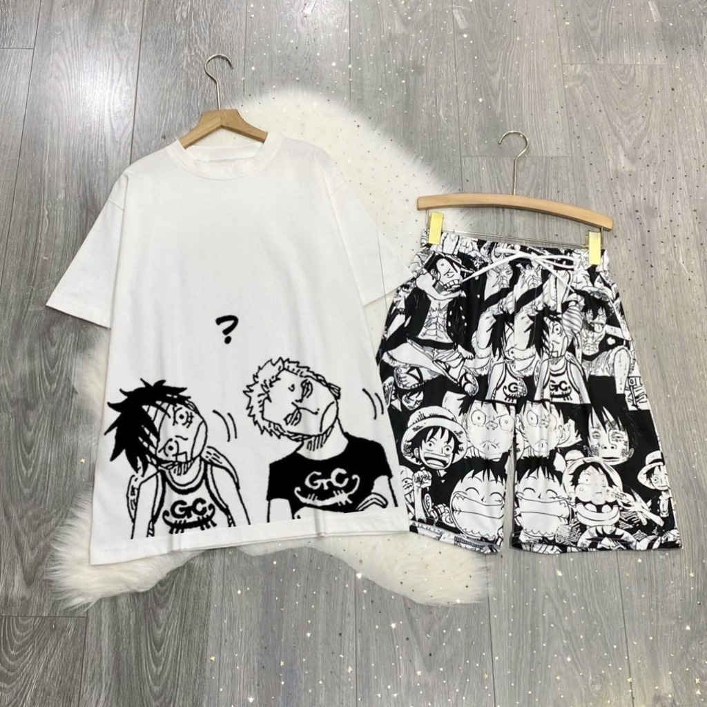 Set Bộ Hoạt Hình One Piece Áo Thun Monkey D. Luffy Zoro Chopper Tay Lỡ Phối Quần Cartoon Đùi Dáng Rộng Unisex O2 - MM