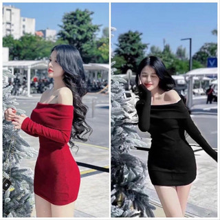 Đầm body trễ vai tay dài dáng ngắn chất thun gân dày dặn, váy trễ vai bẹ to sexy