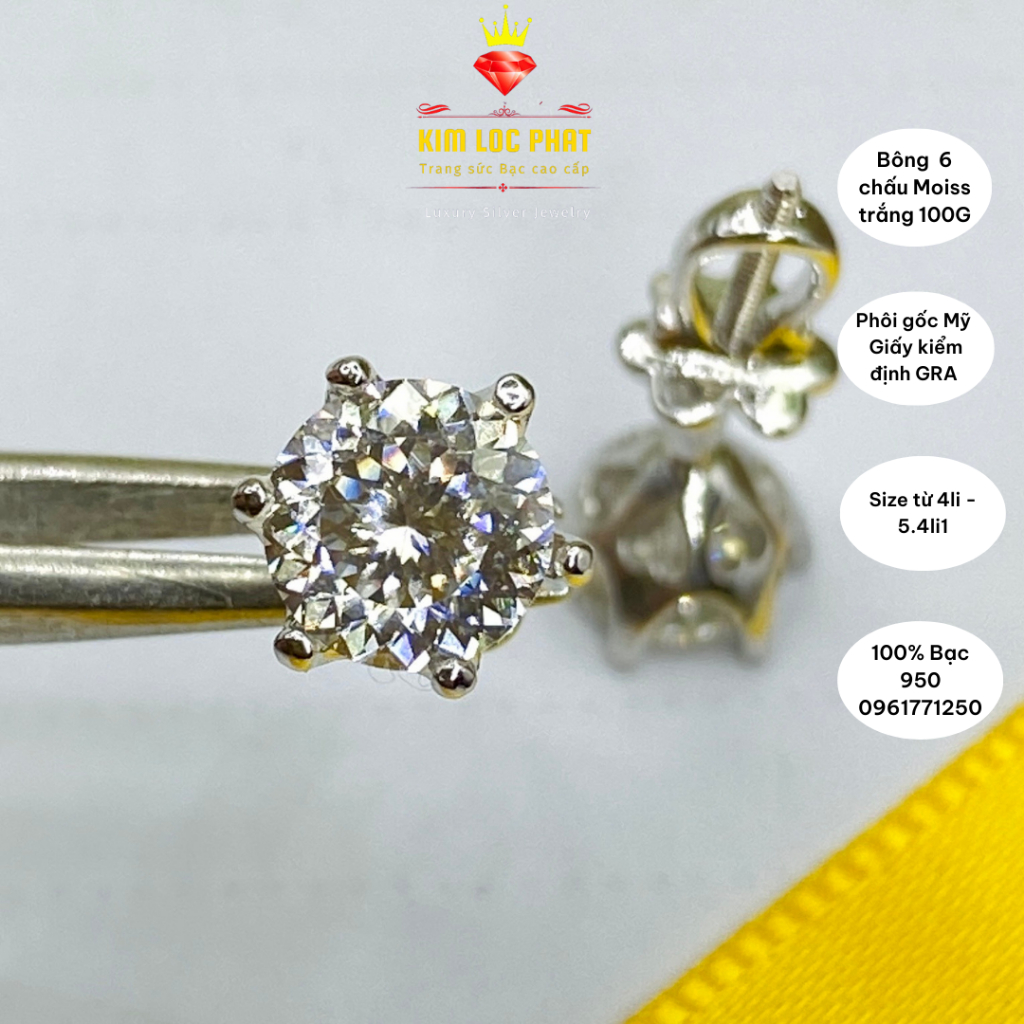 Khuyên tai bạc xi bạch kim moissanite 100 giác màu trắng từ 4mm-5.4mm, Bông tai bạc kim cương nhân tạo, có kiểm định GRA