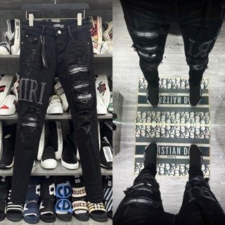 Quần jean bò nam Amiri skinny đen thêu chữ da đùi phối rách xù vá vải nhăn sọc đen trắng boy phố hot trend 2024