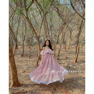 Đầm Vintage Trễ Vai Hồng
