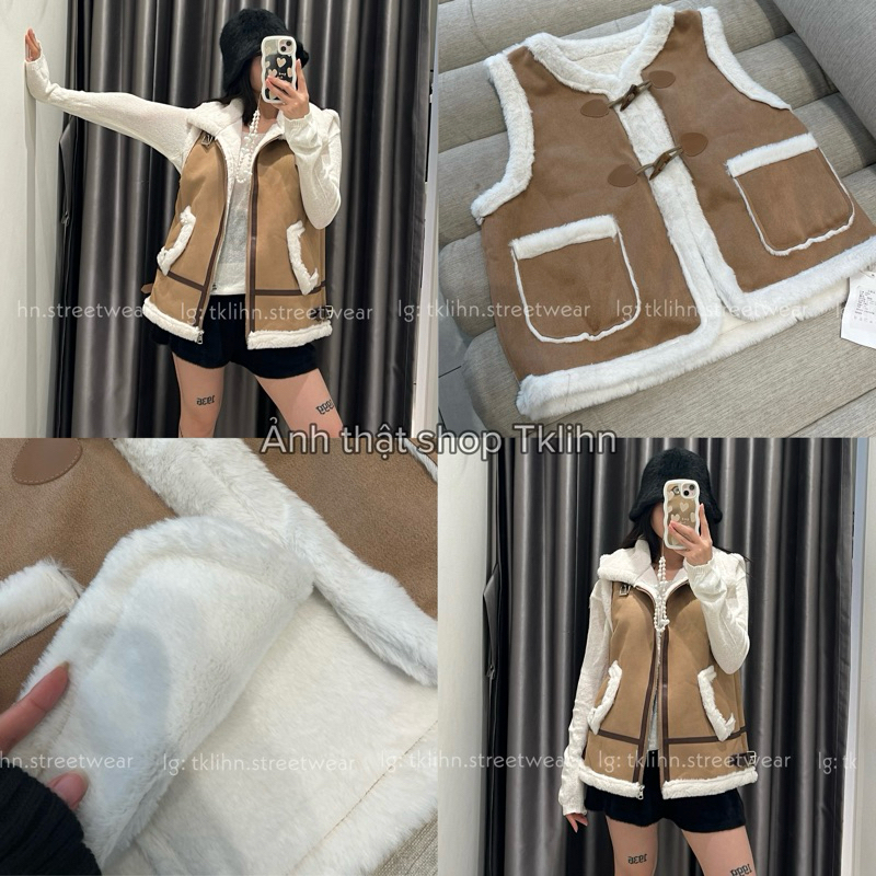 TKLIHN Áo gile LÔNG CỪU ulzzang phong cách RETRO sang chảnh 2023 Áo gile da lộn mix lông HOT TREND