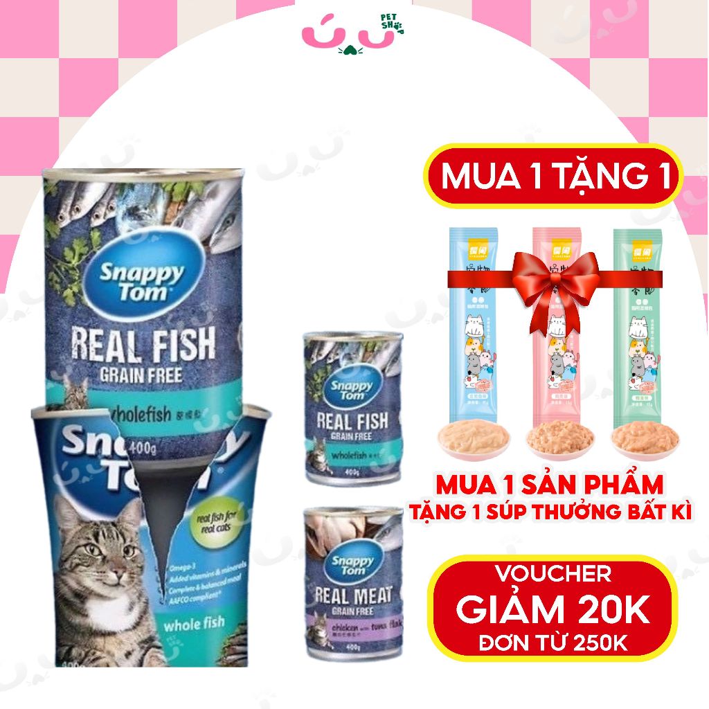 Pate SNAPPY TOM REAL FISH & REAL MEAT, siêu cá, siêu thịt cho mèo - Lon 400G - Ú Nu Pet Shop