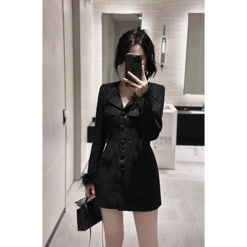 Váy Dạ Tweed Y.S.L Phim Celebrity Cúc Bọc Tay Phối Lông Thời Trang Phong Cách Sang Chảnh