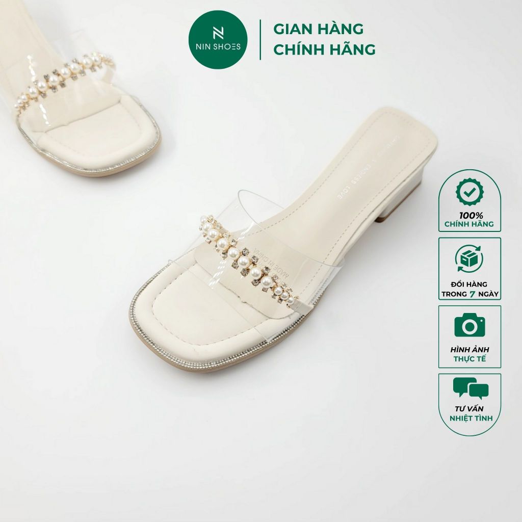 Guốc nữ Ninshoes Guốc lê gót trụ 3p quai ngang mika đính đá mũi vuông gót vuông gỗ dép đi dạo xinh