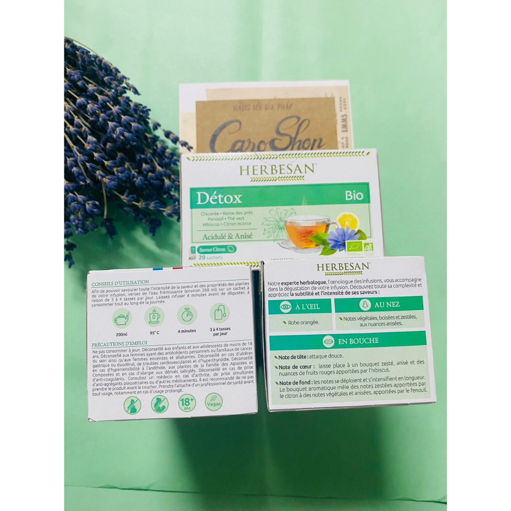 Trà thanh lọc Cơ thể HERBESAN DETOX Bio hộp 20 túi lọc hữu cơ - Nội địa Pháp