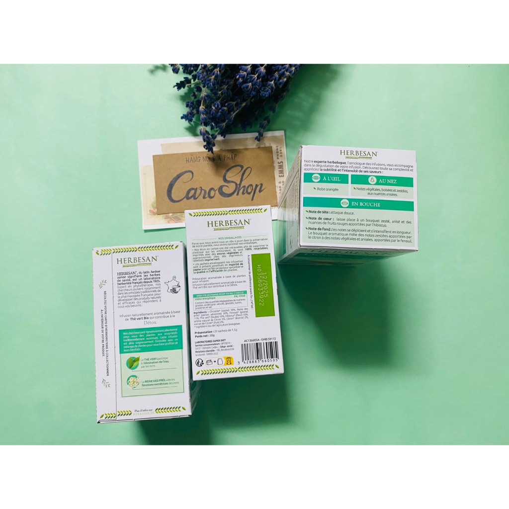 Trà thanh lọc Cơ thể HERBESAN DETOX Bio hộp 20 túi lọc hữu cơ - Nội địa Pháp