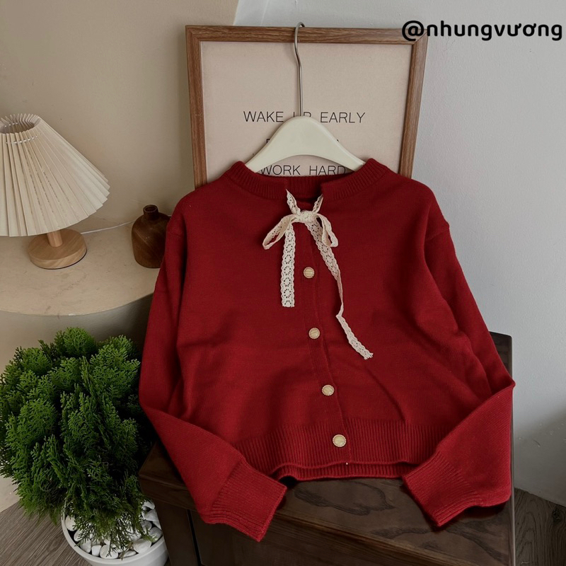 Áo len phối nơ ren sang chảnh , áo cardigan len  cổ viền