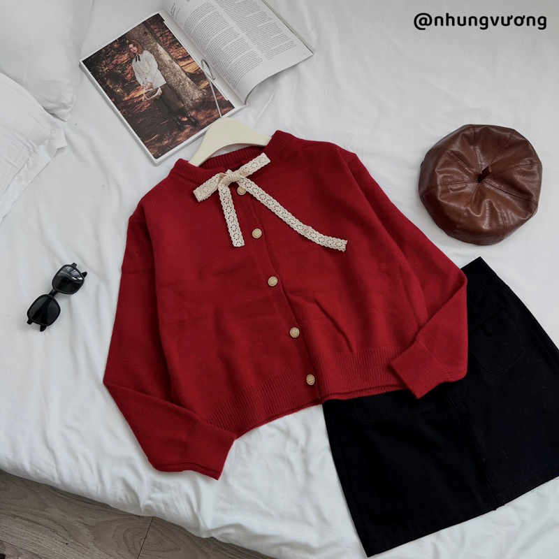 Áo len phối nơ ren sang chảnh , áo cardigan len  cổ viền