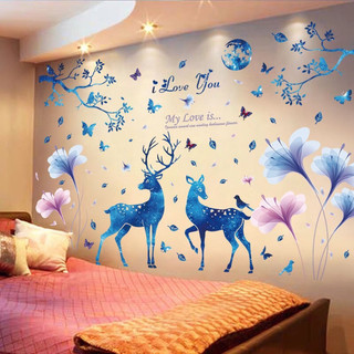 Decal trang trí dán tường đôi nai xanh và pha lê tím