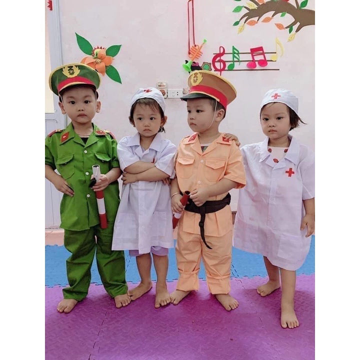 Bộ trang phục công an, bộ đội, cs giao thông, công nhân cho bé trai bé gái nhập vai nhân vật