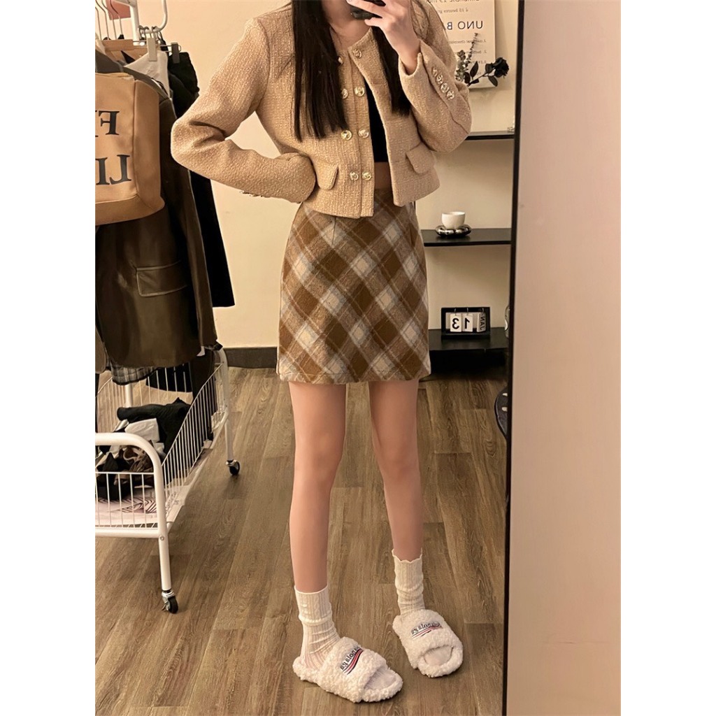 Chân váy dạ ép kẻ caro skirt dáng ngắn cạp cao QC full 3 màu YLY midi dáng dài kẻ caro cạp khoá retro HQ