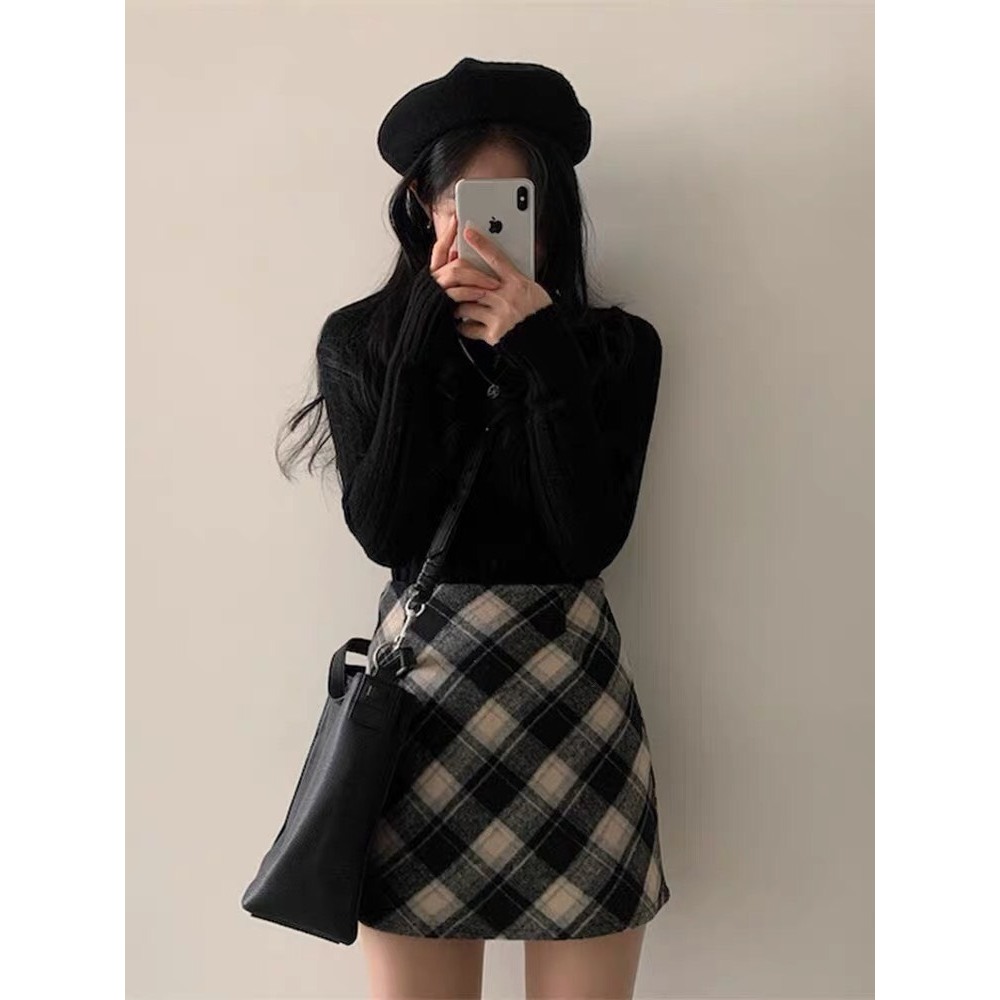 Chân váy dạ ép kẻ caro skirt dáng ngắn cạp cao QC full 3 màu YLY midi dáng dài kẻ caro cạp khoá retro HQ