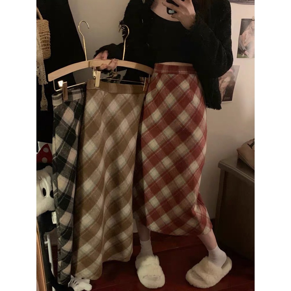 Chân váy dạ ép kẻ caro skirt dáng ngắn cạp cao QC full 3 màu YLY midi dáng dài kẻ caro cạp khoá retro HQ
