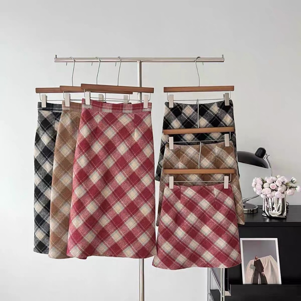 Chân váy dạ ép kẻ caro skirt dáng ngắn cạp cao QC full 3 màu YLY midi dáng dài kẻ caro cạp khoá retro HQ