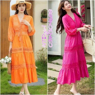 Hàng nhập - Đầm dáng xòe maxi xô lụa thêu hoa, váy dự tiệc Quảng Châu cổ V tay búp