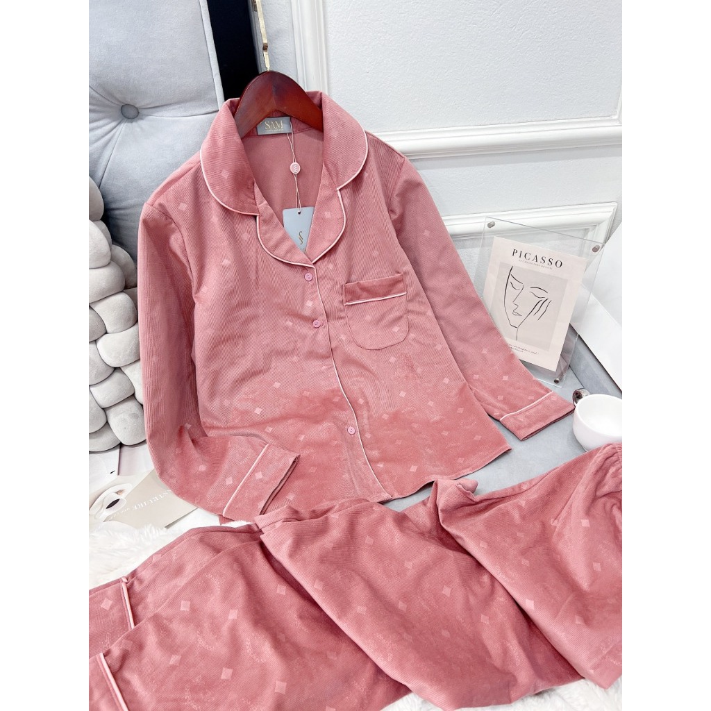 Bộ pijama SAM nhung tăm cao cấp, họa tiết trơn hình chìm đơn giản sang chảnh, kiểu áo dài tay quần dài, chất mềm