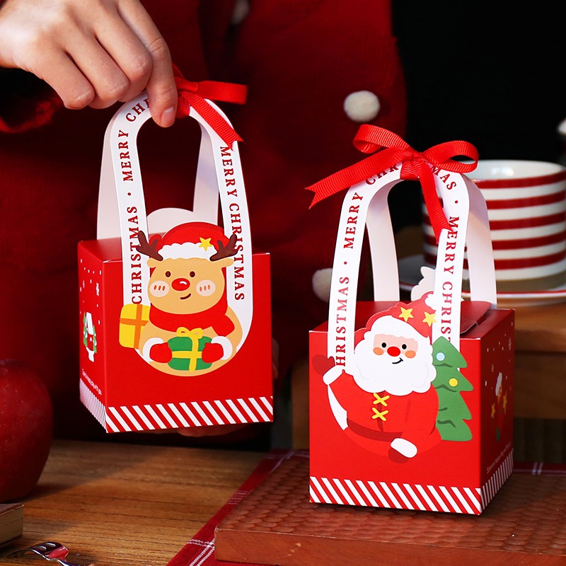Hộp giấy quai xách Giáng sinh, quai giấy nơ đỏ