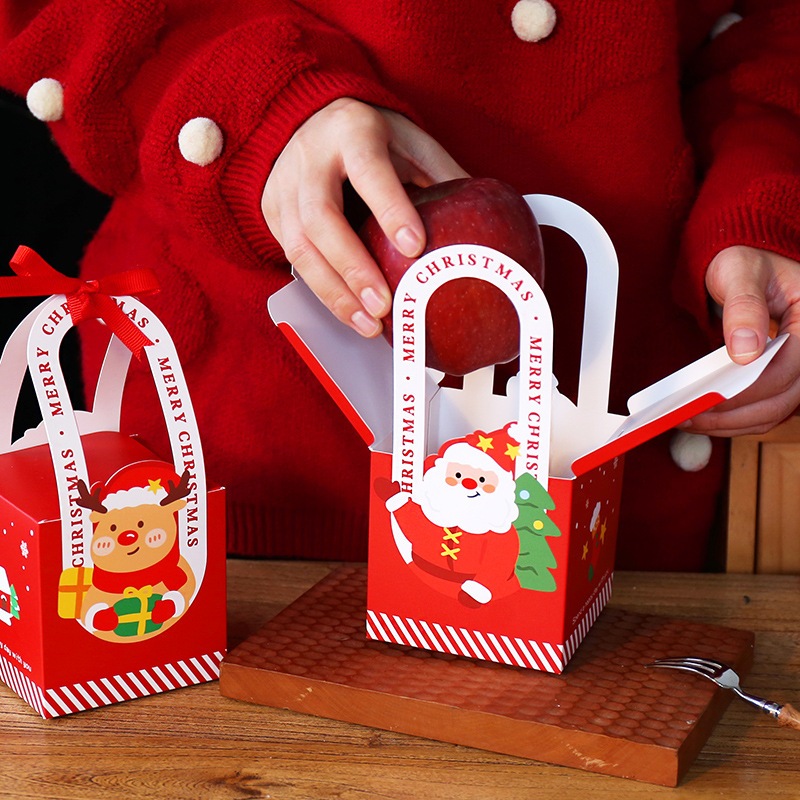 Hộp giấy quai xách Giáng sinh, quai giấy nơ đỏ