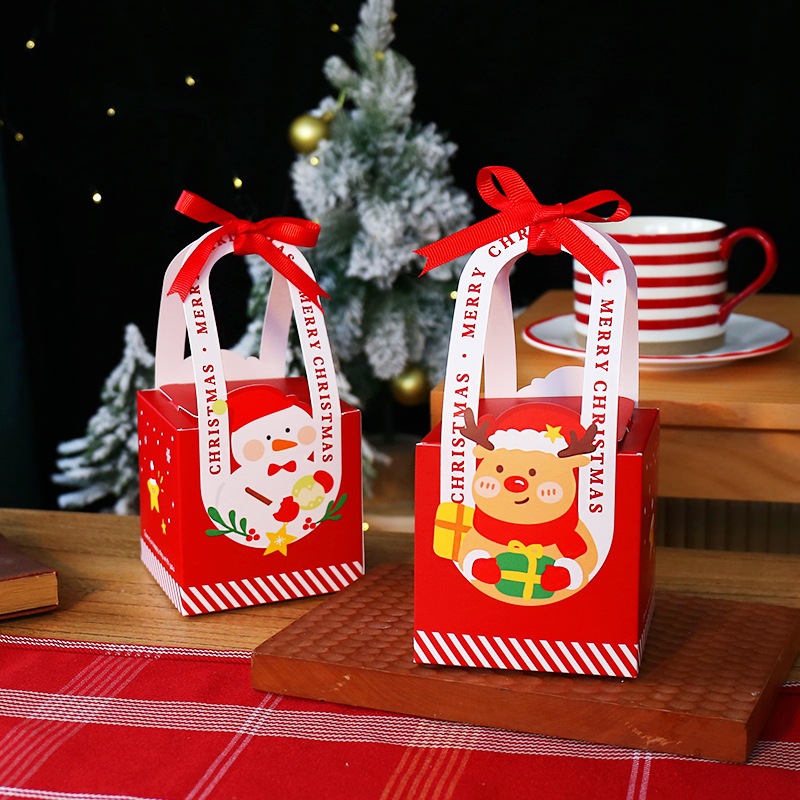 Hộp giấy quai xách Giáng sinh, quai giấy nơ đỏ