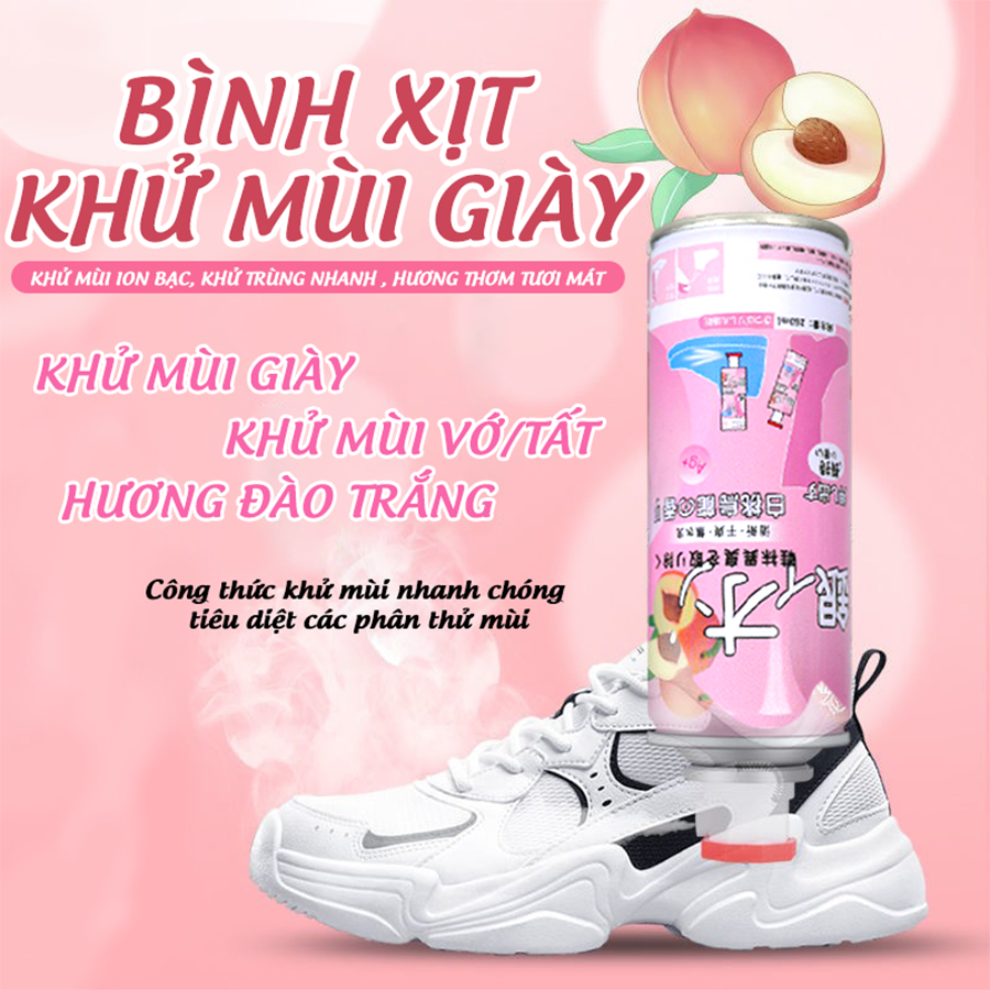 Chai xịt khử mùi giày dép hương đào, nano bạc diệt khuẩn, làm thơm tủ giày, quần áo, tất vớ chân, xịt khử mùi hôi chân