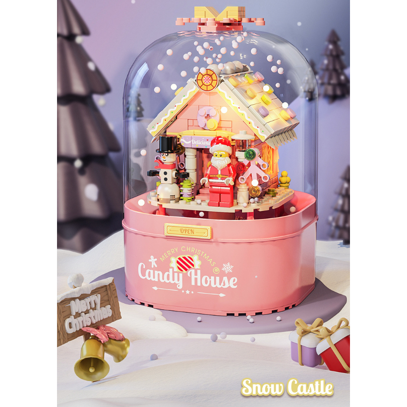 Hộp Phát Nhạc ghép hình Giáng Sinh PHUN TUYẾT RƠI + ĐÈN + NHẠC xoay tròn, Mô Hình Quà Tặng Ông Già Noel, Người Tuyết