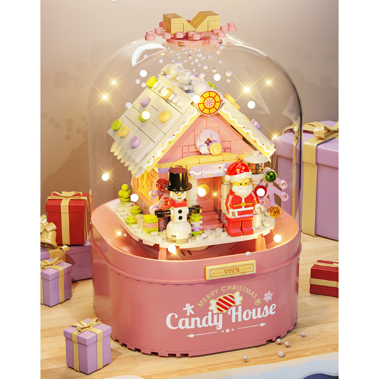 Hộp Phát Nhạc ghép hình Giáng Sinh PHUN TUYẾT RƠI + ĐÈN + NHẠC xoay tròn, Mô Hình Quà Tặng Ông Già Noel, Người Tuyết