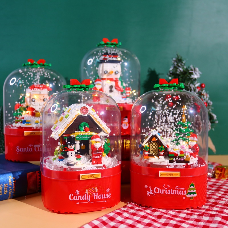 Hộp Phát Nhạc ghép hình Giáng Sinh PHUN TUYẾT RƠI + ĐÈN + NHẠC xoay tròn, Mô Hình Quà Tặng Ông Già Noel, Người Tuyết