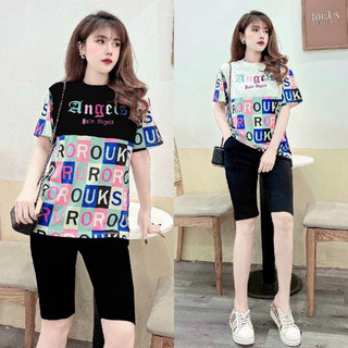 Bộ thun ngố áo phom rộng thêu chữ