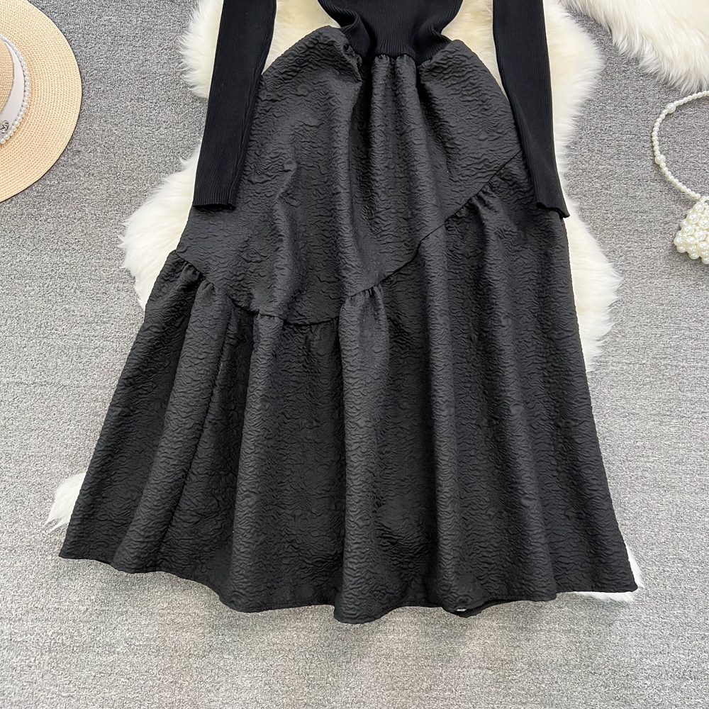 Đầm len chữ A lông tơ cho nữ,váy mùa thu đông kiểu Pháp Hepburn dài tay